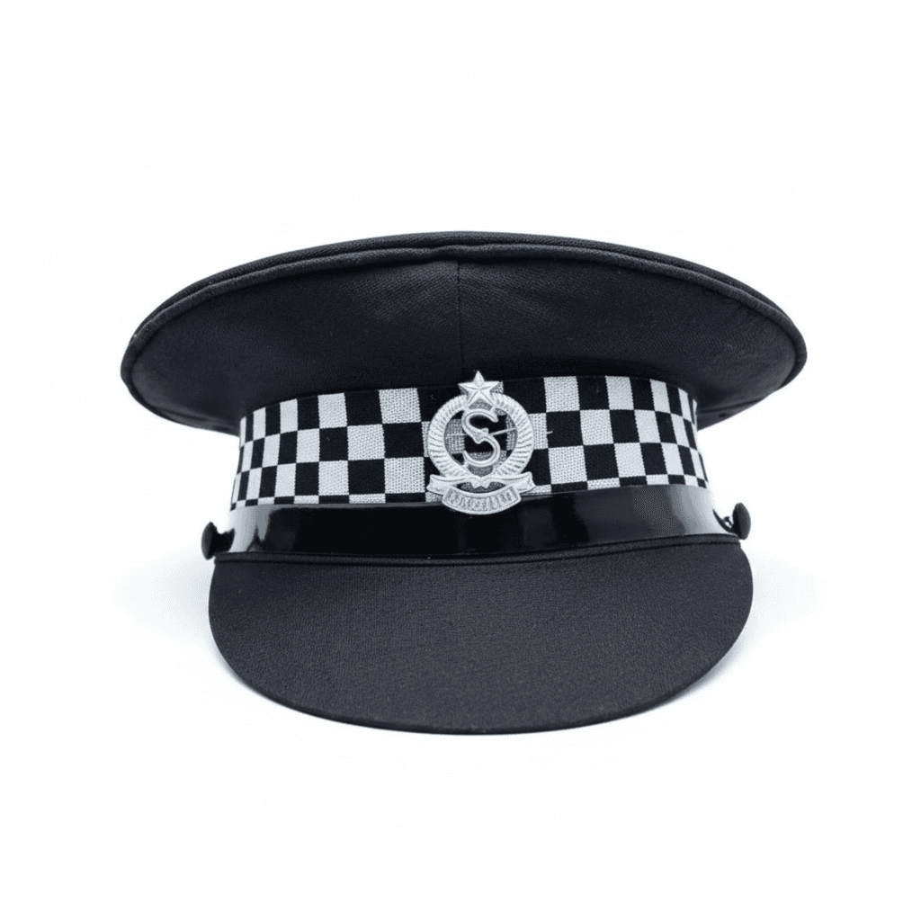 Peak Cap – Black with Check Band and Metal Badge